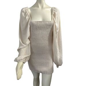 Women's Smocked Long Sleeve Squareneck Ruched Back Mini Dress Tan Large